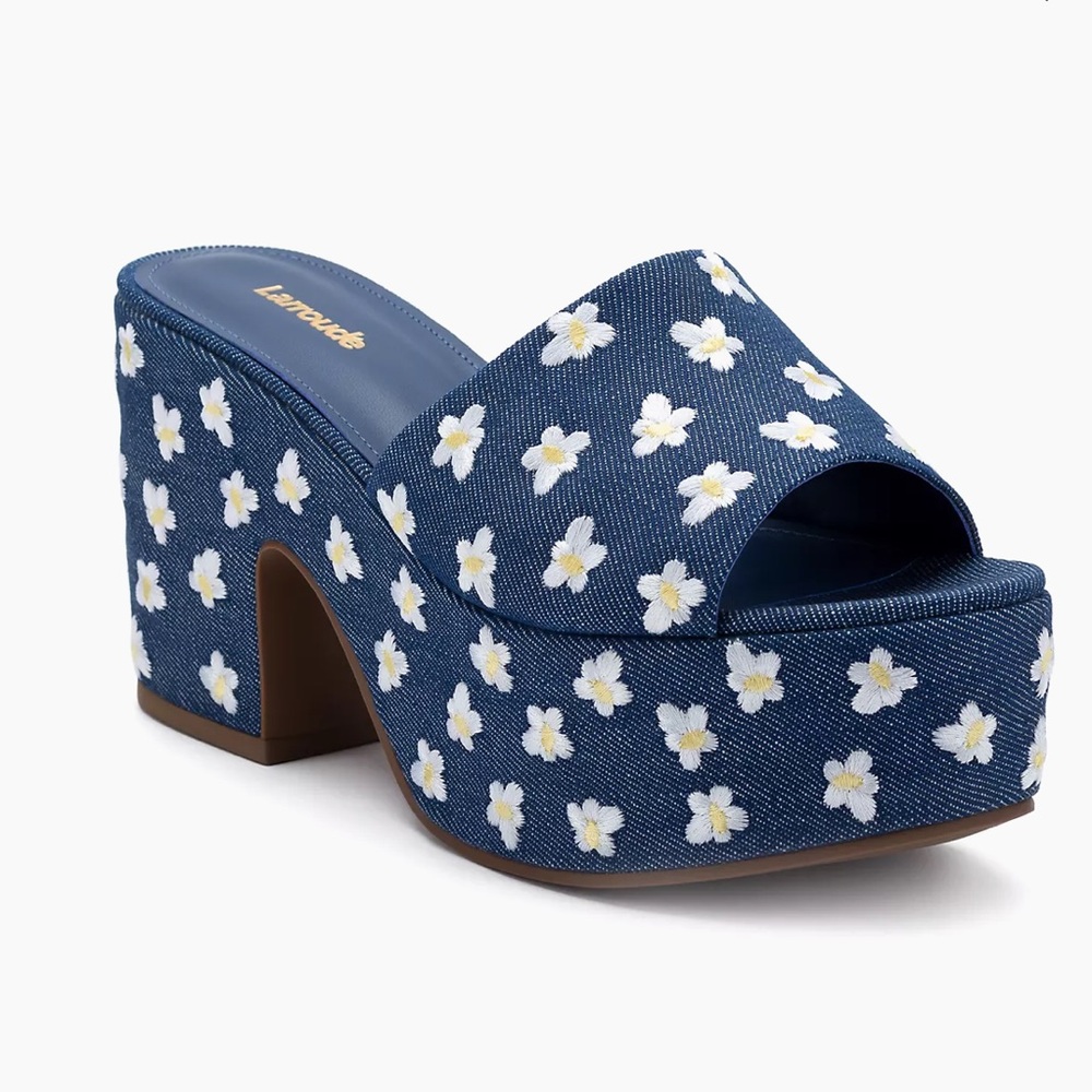Larroude Blue Floral Platform Sandals